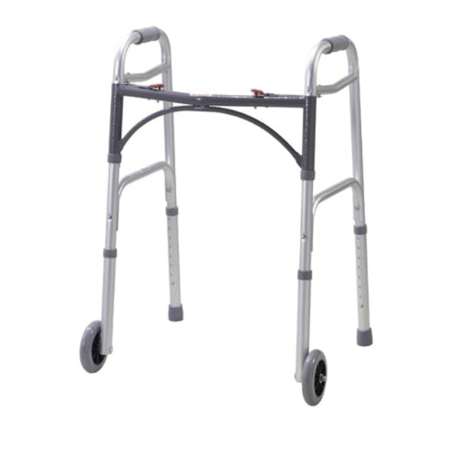 Drive Medical Deluxe Youth Folding Walker with 5-inch wheels and push-button mechanism for easy use. Moovkart