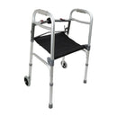 Roscoe Medical Adult Walker with Seat, 2-Button Folding, 5-Inch Wheels, Aluminum Frame