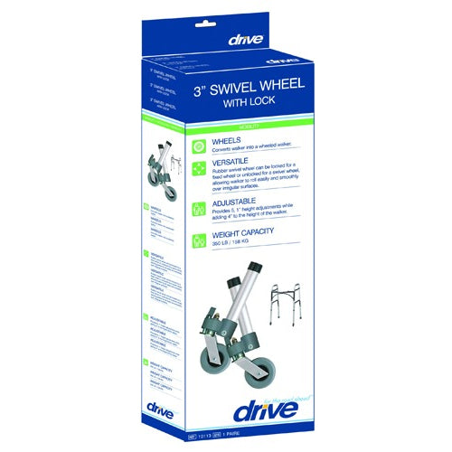 Drive Medical Swivel or Fixed Wheels with Lock and Rear Glides for Walkers, 3 Inches, Pair