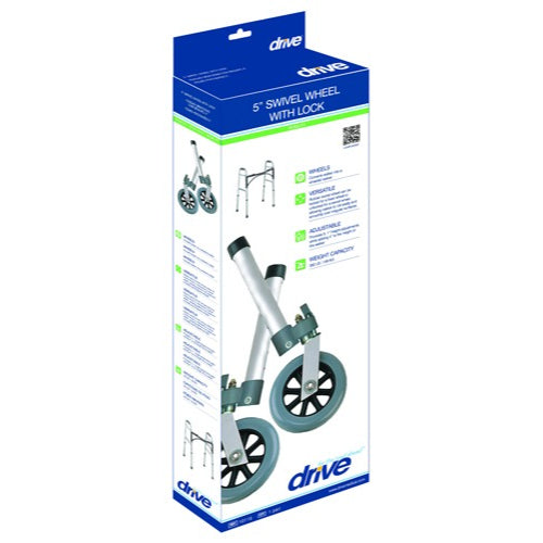 Drive Medical Swivel or Fixed Wheels with Lock and Rear Glides for Walkers, 5 Inches, Pair