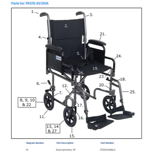 Drive Medical Seat Upholstery For Wheelchair 18 x 16 Inches, Black