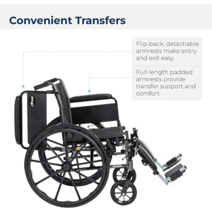 Drive Medical K1/K2 Economy Wheelchair with Removable Desk Arms and Adjustable Dual Axle, 20 Inches Hover