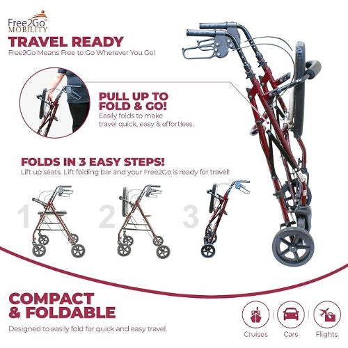 Free2Go Rollator Walker FrameToilet Seat, Burgundy