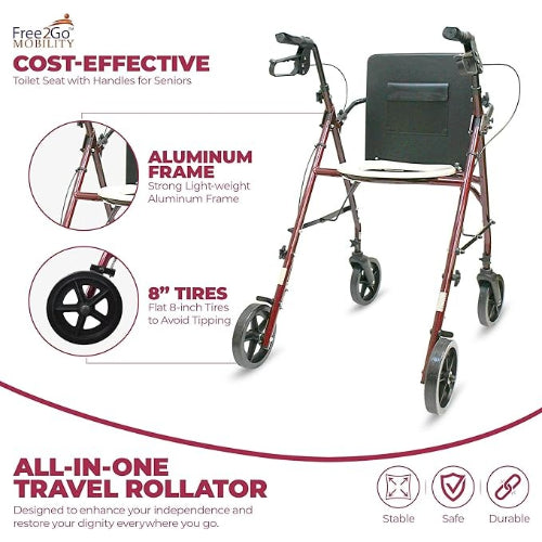 Free2Go Rollator Walker FrameToilet Seat, Burgundy