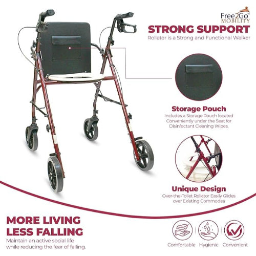 Free2Go Rollator Walker FrameToilet Seat, Burgundy