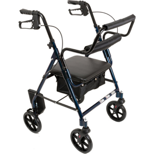 Combination Blue Rollator & Transport Wheelchair with flip-down footrests, ergonomic hand brakes, and padded backrest for easy mobility and comfort, Moovkart