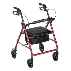 Drive Medical Aluminum Rollator Four Wheel with Pouch and Padded Seat, Red