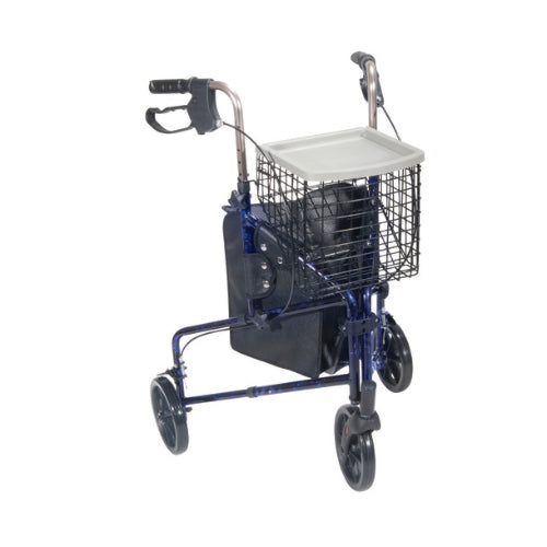 Drive Medical 3 Wheel Rollator with Pouch and Basket Loop Brake, Flame Blue