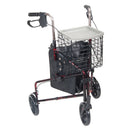 Drive Medical 3 Wheel Rollator with pouch, basket, and tray in Flame Red. Moovkart