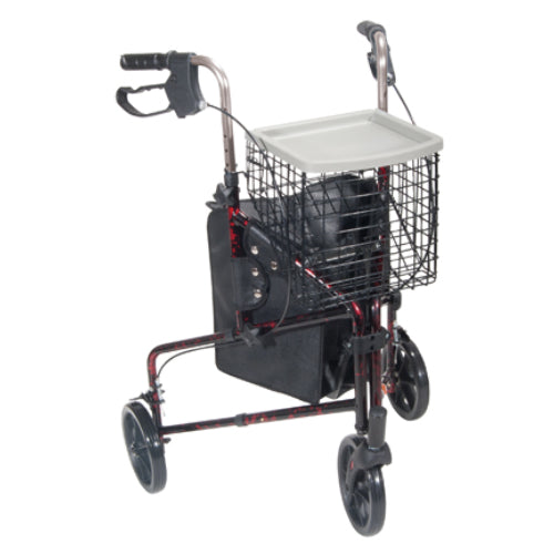 Drive Medical 3-Wheel Rollator with flame red frame, pouch, and basket tray, Moovkart