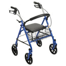 Medline 4 Wheel Steel Rollator with 8 inch Casters with Basket Loop, Blue