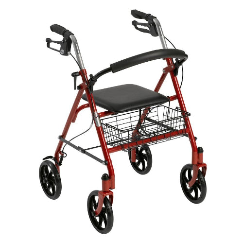 Drive Medical 4 Wheel Steel Rollator with 8 Inches Casters & Basket-Loop-Red