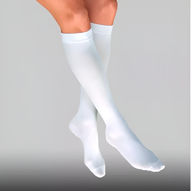 Jobst Anti-Embolism Knee-High Compression Stockings, Closed Toe, White, Regular, designed for DVT prevention and circulation support. Moovkart