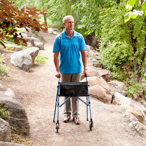 Stander Wonder Folding Walker with Basket and Locking Wheels for Travel and Mobility, Cobalt Blue