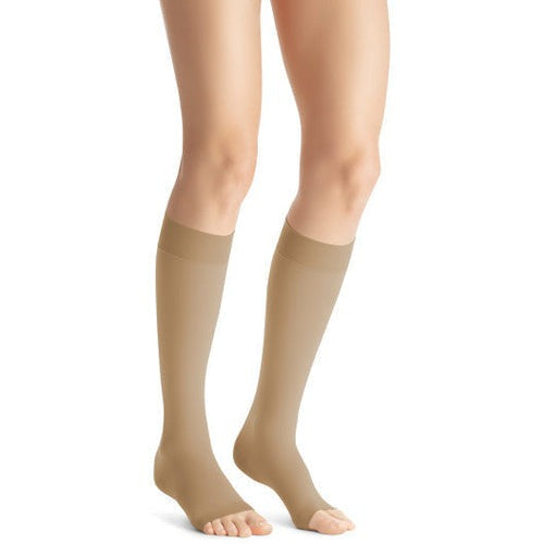Jobst Opaque Knee High 20-30 mmHg, Open Toe, Natural, Medium offer effective support for swelling, varicose veins, and tired legs, Moovkart.
