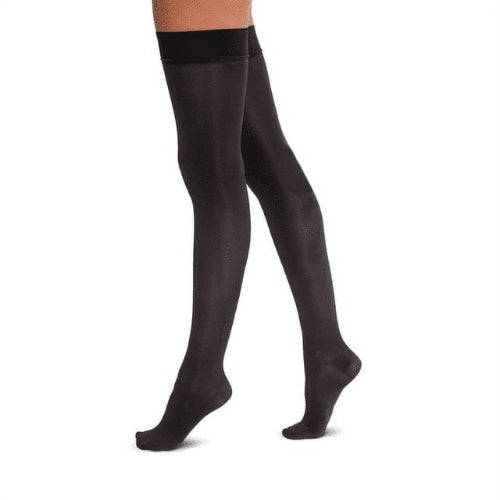 Jobst Opaque Thigh High 15-20 mmHg Compression Stockings in Black, Closed Toe, providing compression therapy for varicose veins and tired legs, Moovkart.