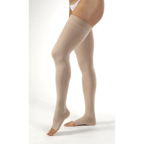 Jobst Opaque open-toe thigh-high compression stockings in beige, 30-40 mmHg, small size