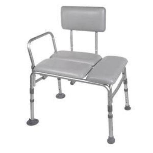 Drive Medical Transfer Bench with padded seat and backrest, adjustable height and non-slip feet for safe bathroom transfers. Moovkart