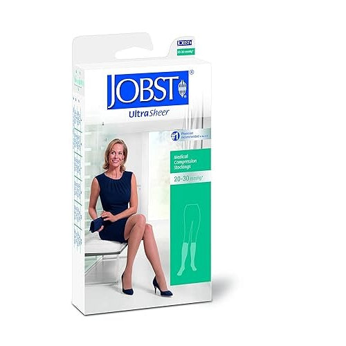 Jobst Ultrasheer 20-30mmHg Knee-High Compression Stockings, Classic Black, Full Calf for leg swelling relief and improved circulation. Moovkart