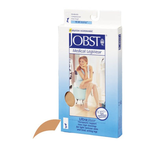 Jobst UltraSheer knee-high compression stockings, 15-20 mmHg, closed toe, medium size, sun bronze color.