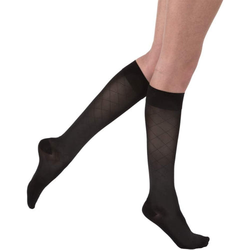 Jobst UltraSheer knee-high compression stockings, 15-20 mmHg, closed toe, black with diamond pattern, [specify size: Small/Medium/Large/XL].