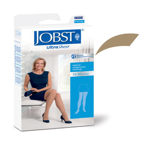 Jobst Ultrasheer Thigh-High Compression Stockings 15-20mmHg, Honey, Pair is Sheer compression stockings with lace silicone strap for venous support, Moovkart.



