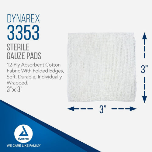Dynarex Gauze Pad, Sterile 1's, 3 x3 Inches, 12 ply, Box per 100