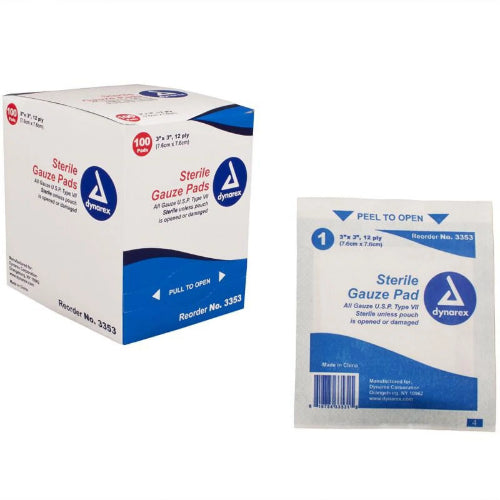 Dynarex Gauze Pad, Sterile 1's, 3 x3 Inches, 12 ply, Box per 100
