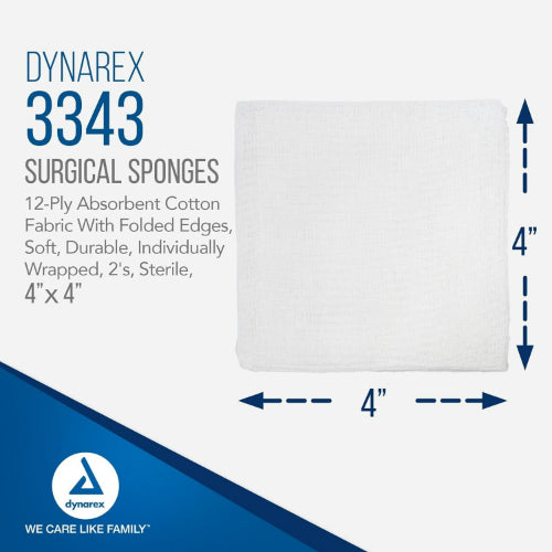 Dynarex Gauze Sponges Sterile- 2's, 4 X 4 Inches, 12 ply, 25 Packs of 2 per Tray
