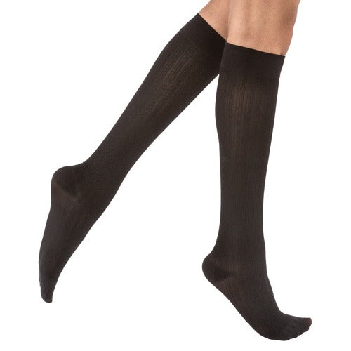 Jobst soSoft Knee High 8-15 mmHg Compression Socks, Black, Medium, Pair with Barcode Pattern for Mild Compression and Leg Comfort. Moovkart