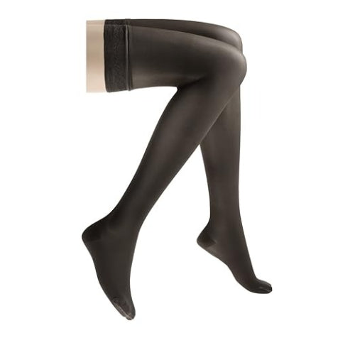 Jobst UltraSheer 20-30 mmHg Thigh High Compression Stockings with Lace Silicone Strap, Black for firm compression and leg support. Moovkart