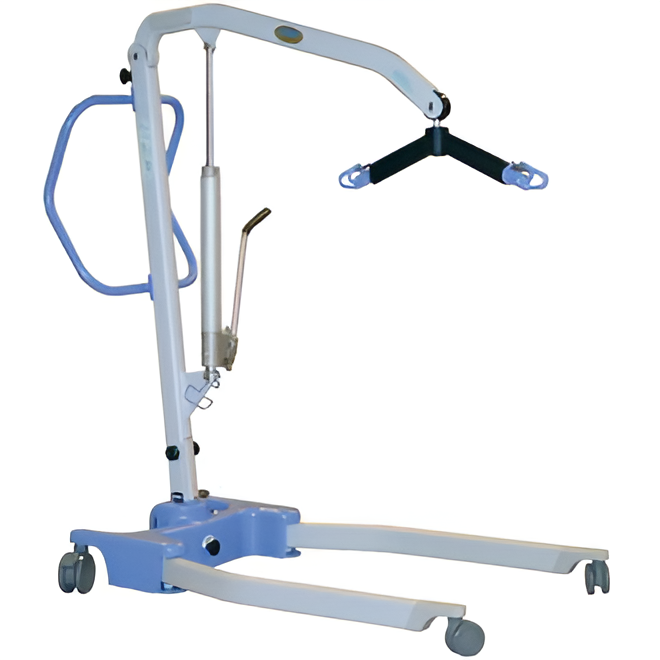 Side view of Hoyer Advance Lift with swan-neck legs for close-range bed and chair access, Moovkart