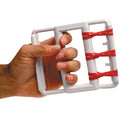 CanDo Hand Exercise Stretch Strap with 5 red bands and flexion limiter, designed for finger flexion exercises and rehabilitation, Moovkart.