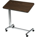 Drive Medical Economical Tilt Top Overbed Table with walnut laminated surface and chrome-plated steel base, adjustable height, and swivel casters for easy maneuverability, Moovkart