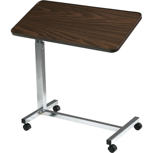 Drive Medical Economical Tilt Top Overbed Table with walnut laminated surface and chrome-plated steel base, adjustable height, and swivel casters for easy maneuverability, Moovkart