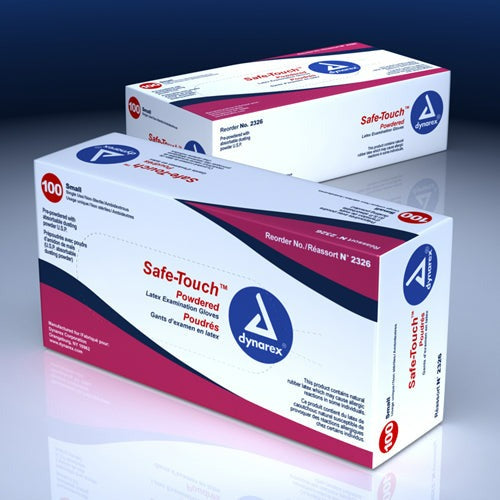 Dynarex Safe-Touch Latex Exam Gloves, Powder-Free, Medium, Box of 100
