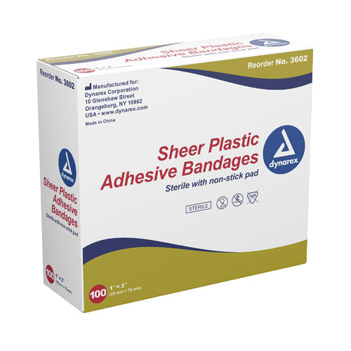 Dynarex Adhesive Bandages, Sheer Strips, Box of 100 are Non-stick, breathable, and latex-free bandages for minor cuts and abrasions, Moovkart.