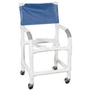 MJM International PVC Shower Chair for comfort, safety,Features anti-slip handgrips, fast-drying mesh back, and rustproof casters, Moovkart.