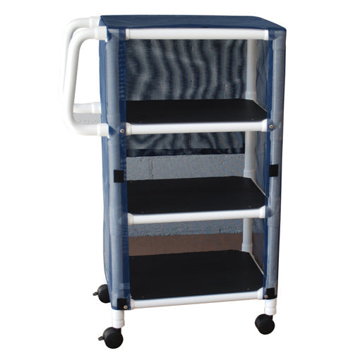 PVC supply cart with ergonomic handles, 75-pound weight capacity per shelf