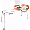 Bath safety bench with sliding rails and molded plastic seat. Moovkart.