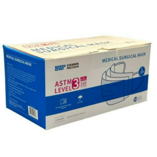 Everwin Precision Disposable Face Mask with Ear Loops, 3-Ply Level 3, Blue, Box of 50
