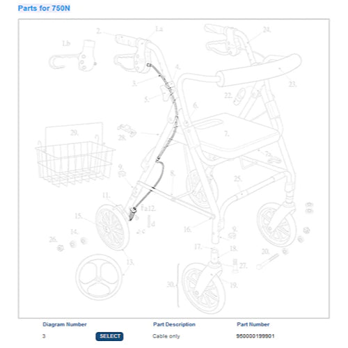 Drive Medical Rollator Brake Cable Wire