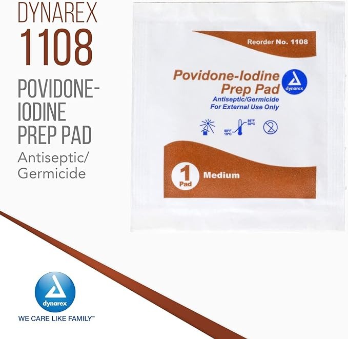 Dynarex Povidone-Iodine Prep Pads, Pack of 100 Pads