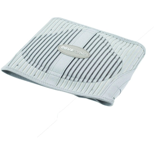 Female model wearing ObusForme Light Gray Lumbar Support Belt, offering breathable support for activity, Moovakart