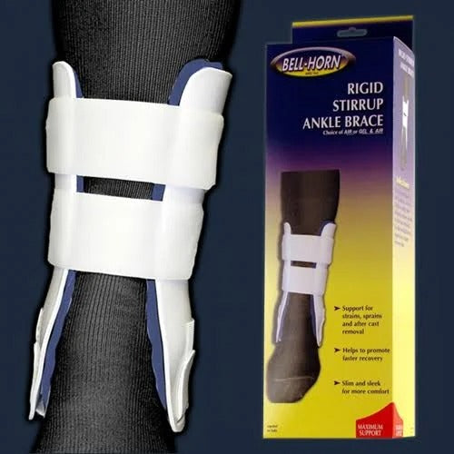 Bell-Horn Rigid Stirrup Ankle Brace, adjustable support for injury recovery and enhanced stability, providing protection and comfort. Moovkart