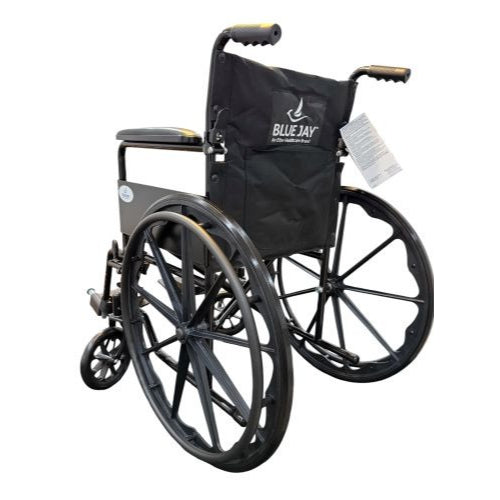 Foldable Blue Jay wheelchair featuring 18-inch seat and rear push-to-lock brakes, Moovkart