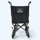 Blue Jay transport wheelchair with a rear view, showing its easy-to-use handbrakes and swing-away footrests.