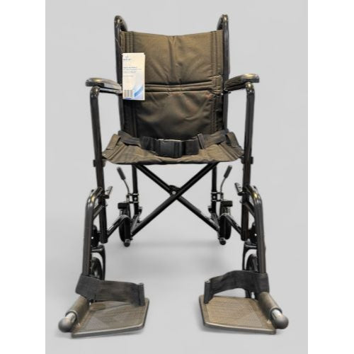 Blue Jay 19 inch transport wheelchair with a black powder-coated steel frame, suitable for indoor and outdoor use.