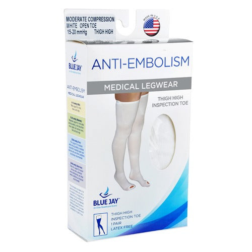 Blue Jay Anti-Embolism Stockings 15-20mmHg Thigh-High with Inspection Toe for Circulation, White