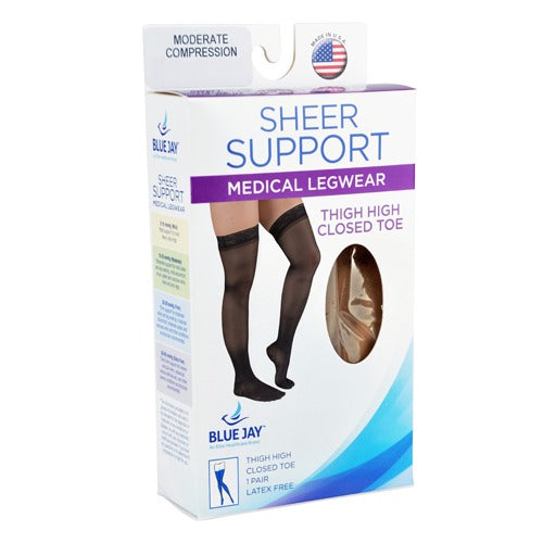 Blue Jay Sheer thigh-high stockings with closed toe and reinforced heel for leg support, Moovkart